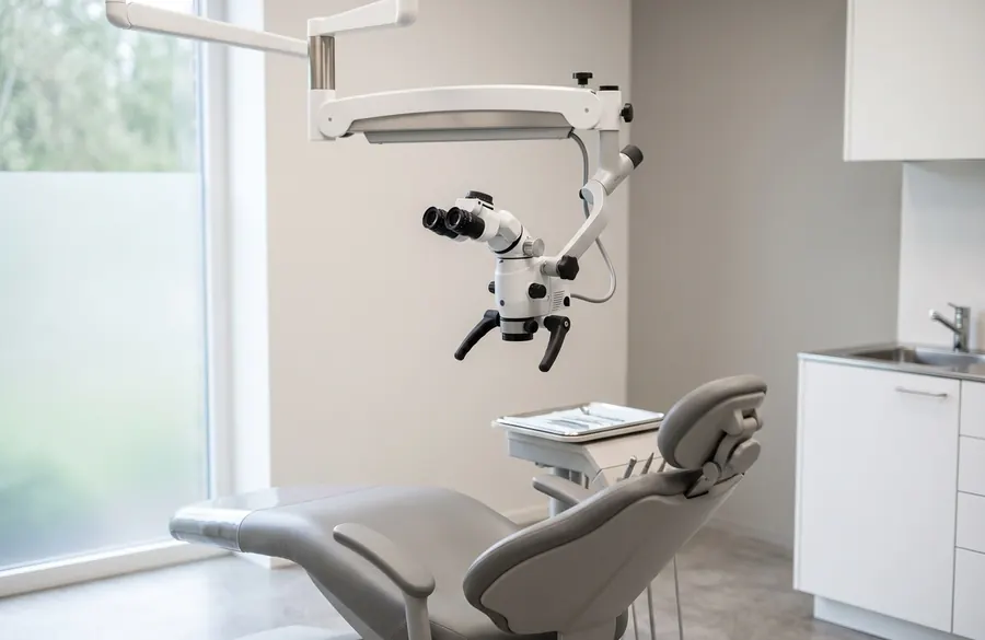A dental operating microscope over a treatment chair.