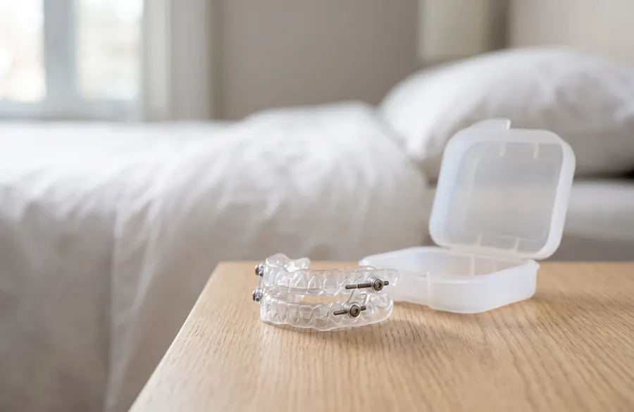 A custom oral appliance for snoring and sleep apnea, in its case on a bedside table.