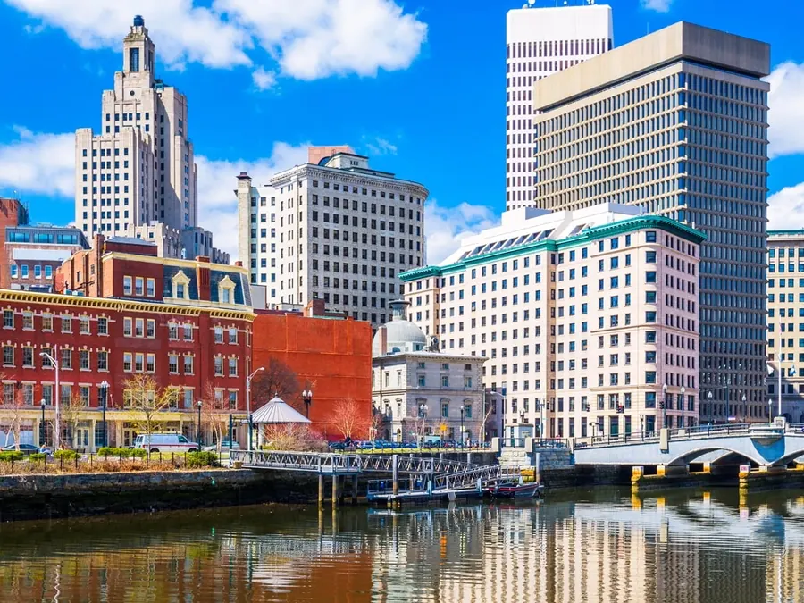 Downtown Providence at dusk, seen across the river.