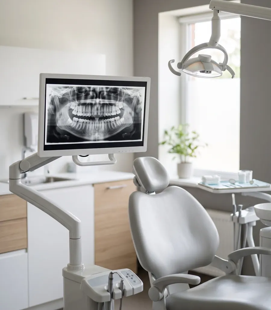 A digital dental x-ray displayed on a monitor beside a treatment chair.